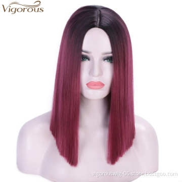 Vigorous 14 inches Short Straight Bob Wig 2 Tone Ombre Red Middle Part Heat Resistant Synthetic Cosplay Daily Use For Women